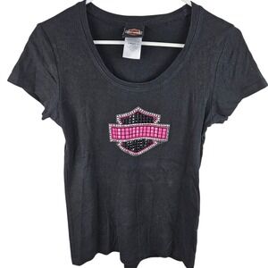 Harley Davidson Womens Graphic T Shirt Black Pink Rhinestone Logo Size L‎